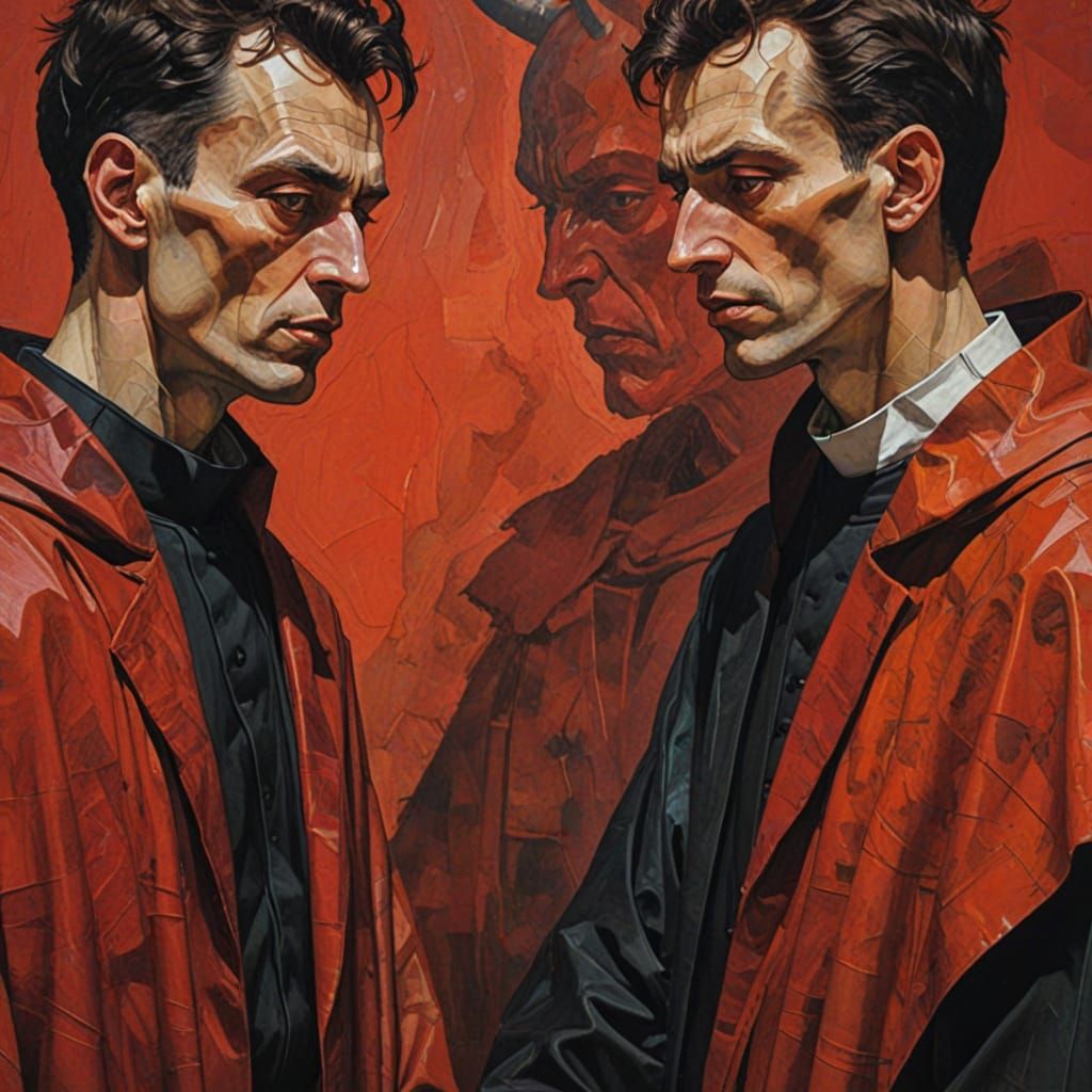 Priest and Devil Face Off in Emotive Expressionist Collage
