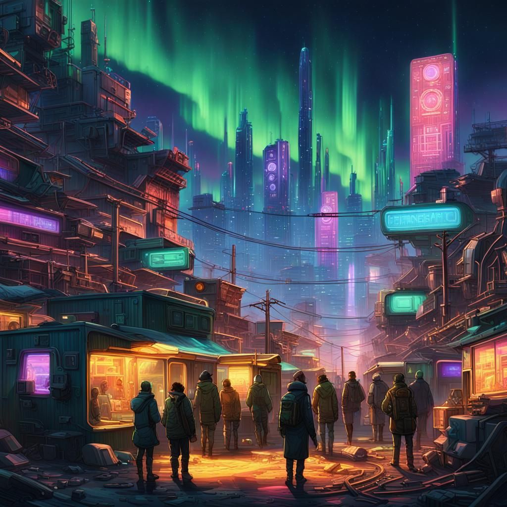 Cyberpunk Cityscape with Aurora Borealis
