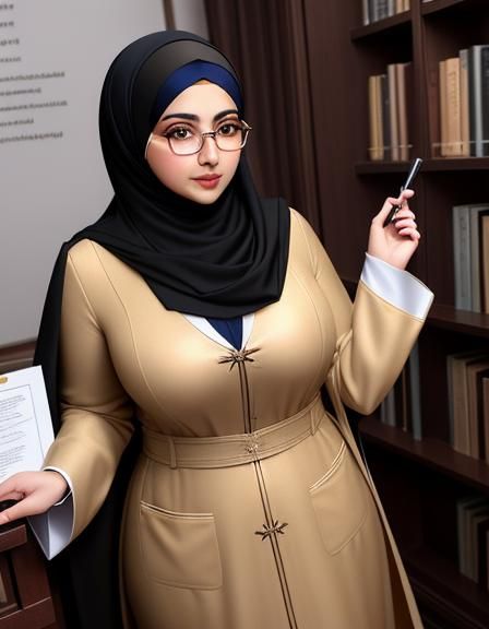 Middle Eastern Woman Defending PhD Thesis in Academic Robe