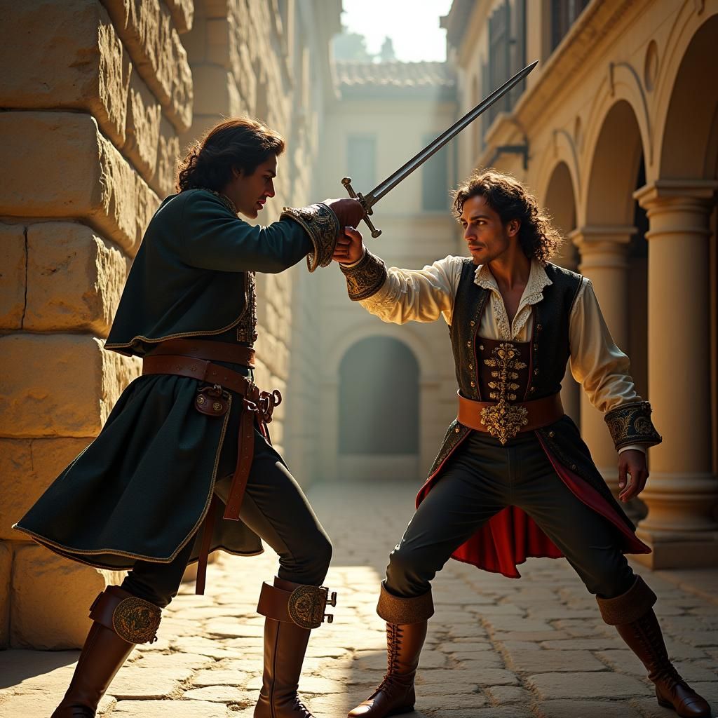 D'Artagnan Duels Comte in Sunlit Courtyard, Baroque Style