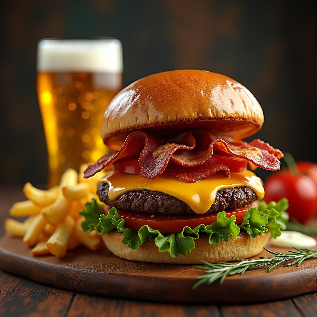 Mouthwatering Gourmet Burger with Fries, Digital Painting