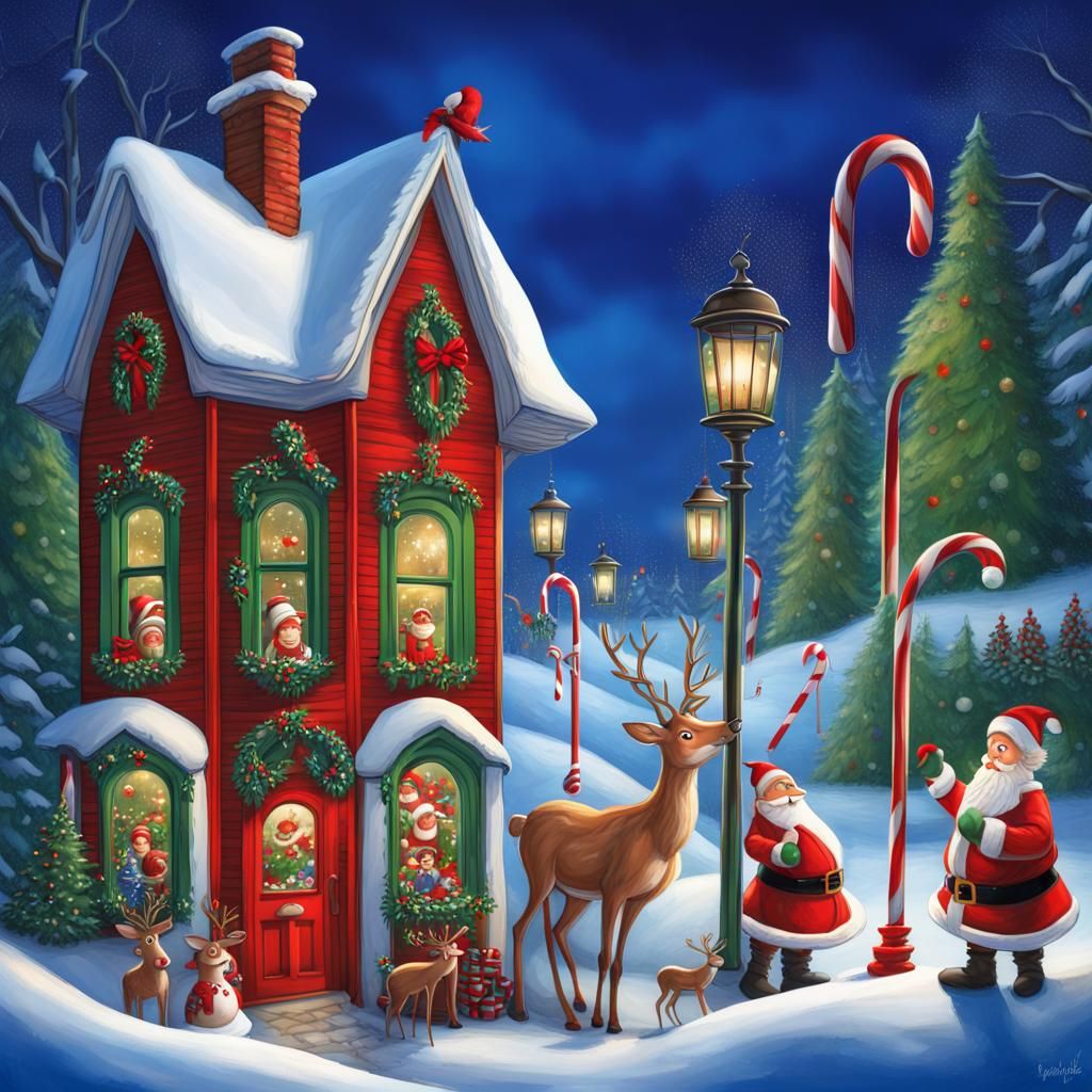 Festive Santas and Reindeer in Detailed Matte Painting