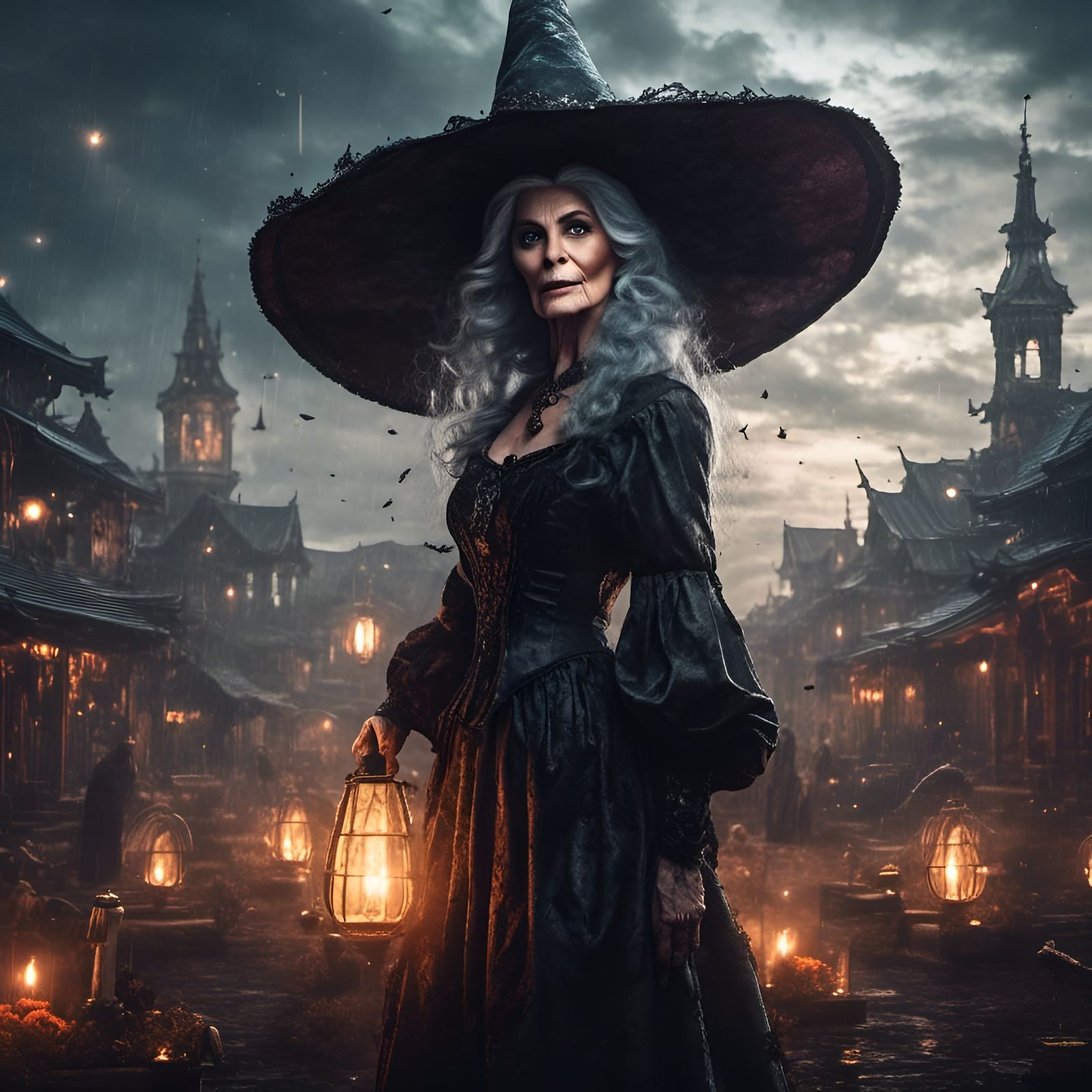 Cinematic Portrait of an Old Grey-Haired Witch