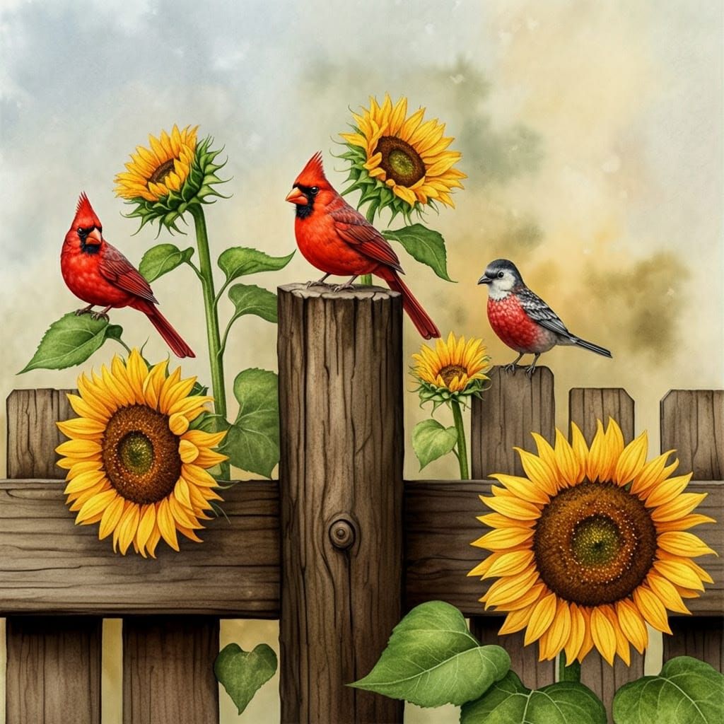 Vibrant Wet Watercolor Fence Scene with Cardinal and Chicade...