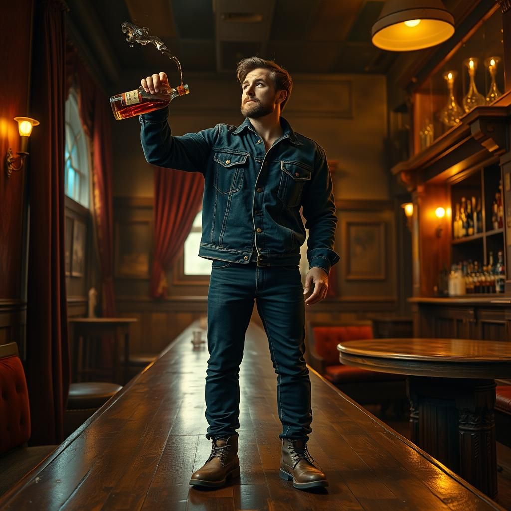 Man Tossing Whiskey in Dimly Lit Bar