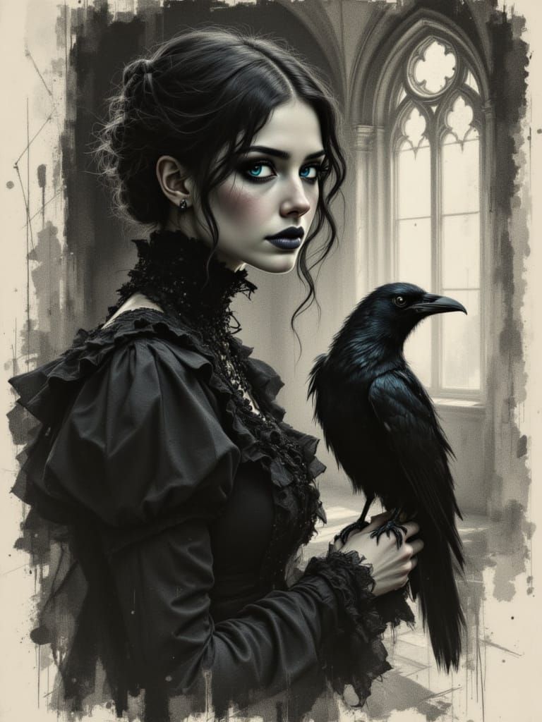 Haunted Victorian Woman in Charcoal Sketch Style