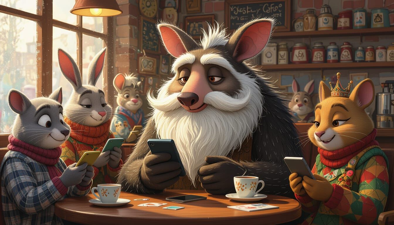 Anthropomorphic Animals Use Smartphones in Whimsical Cafe
