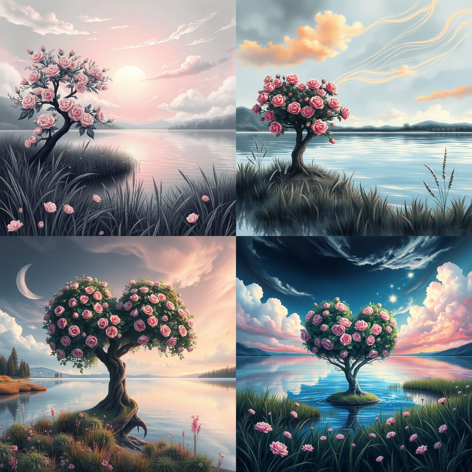 Surreal Lakescape with Heart Tree, Acrylic Art