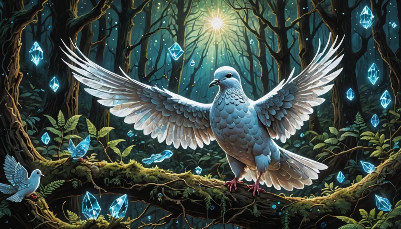 Bioluminescent Dove in Crystal Forest: Trippy Scene