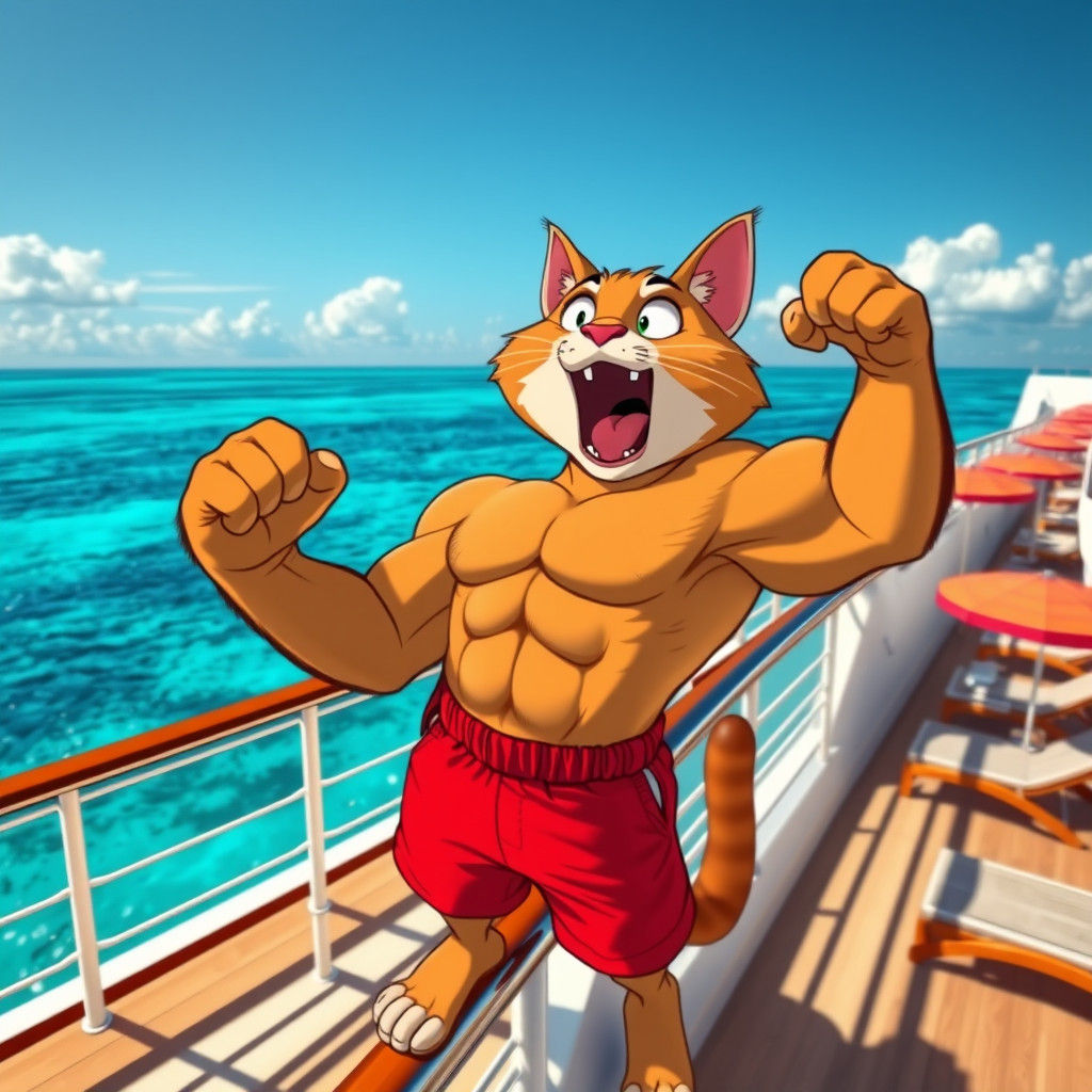 Cartoon Cat Flexing on Cruise Ship in 8k