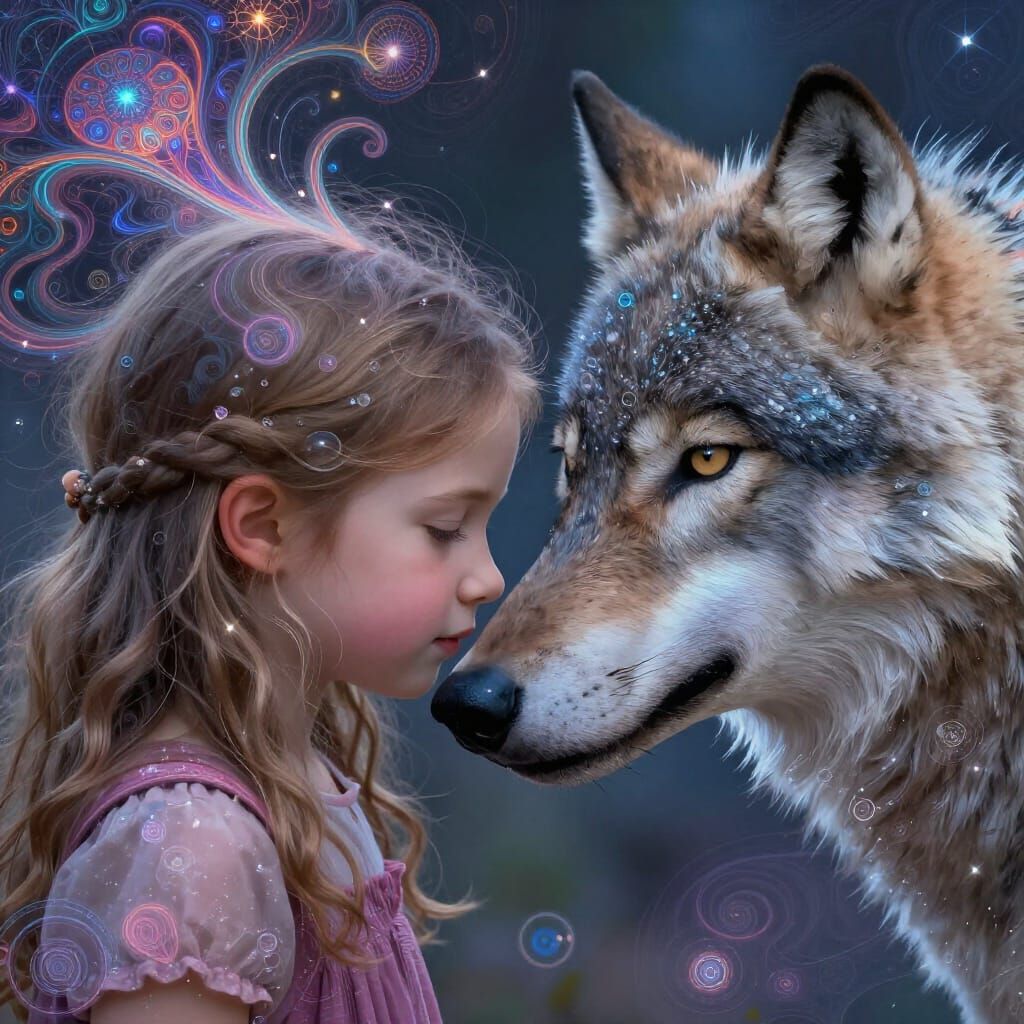 Surreal Girl and Wolf Share Tender Moment