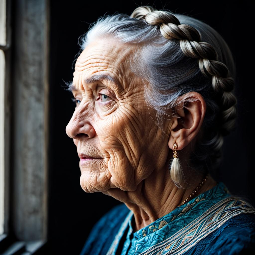 Detailed Portrait of an Elderly Woman with Braids