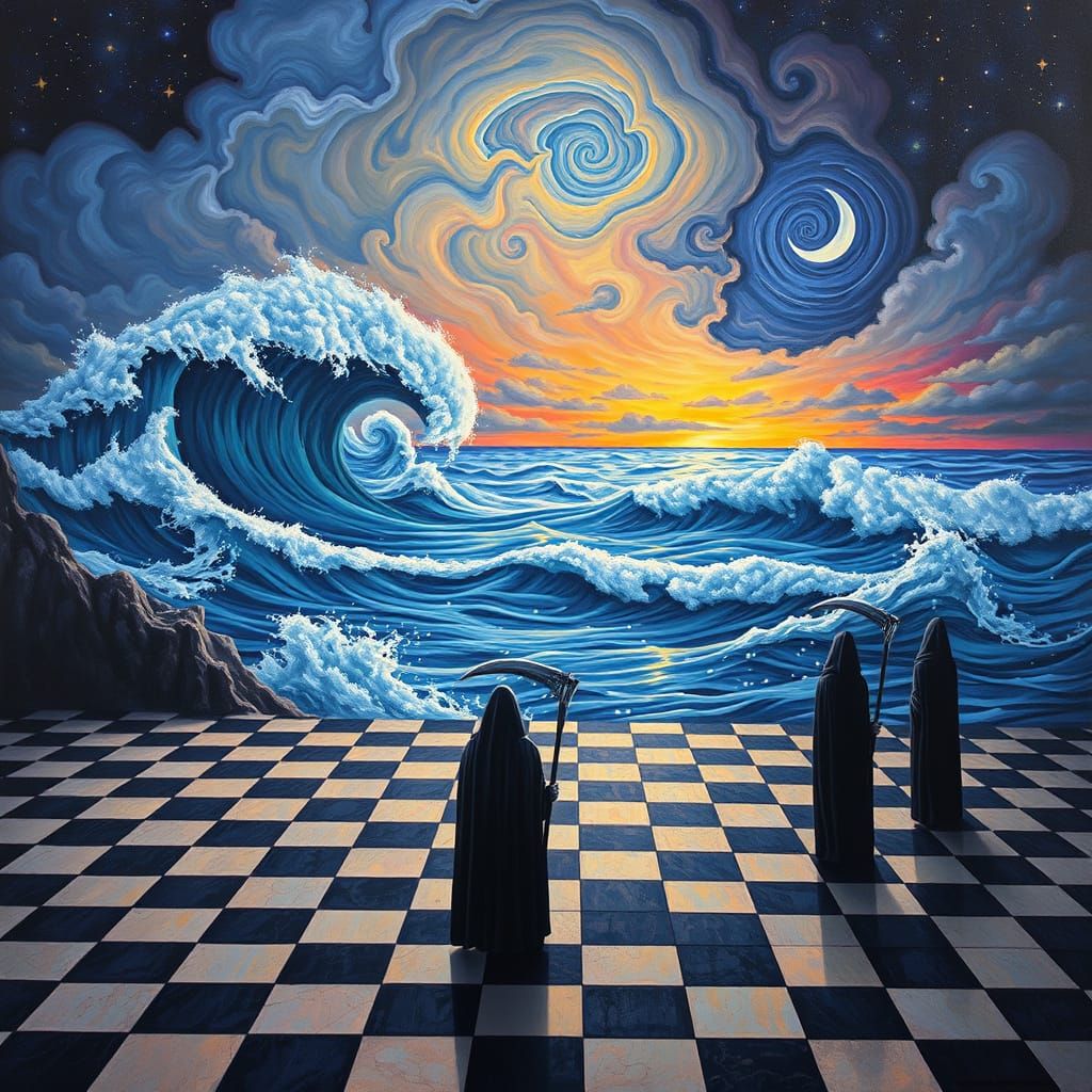 Surreal Seascape: Checkerboard Floor Meets Crashing Waves