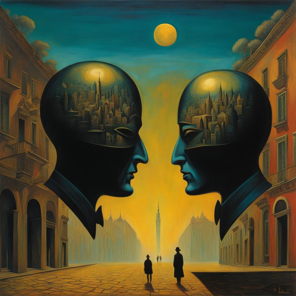 Surreal Masks Dance in a Dreamlike Cityscape