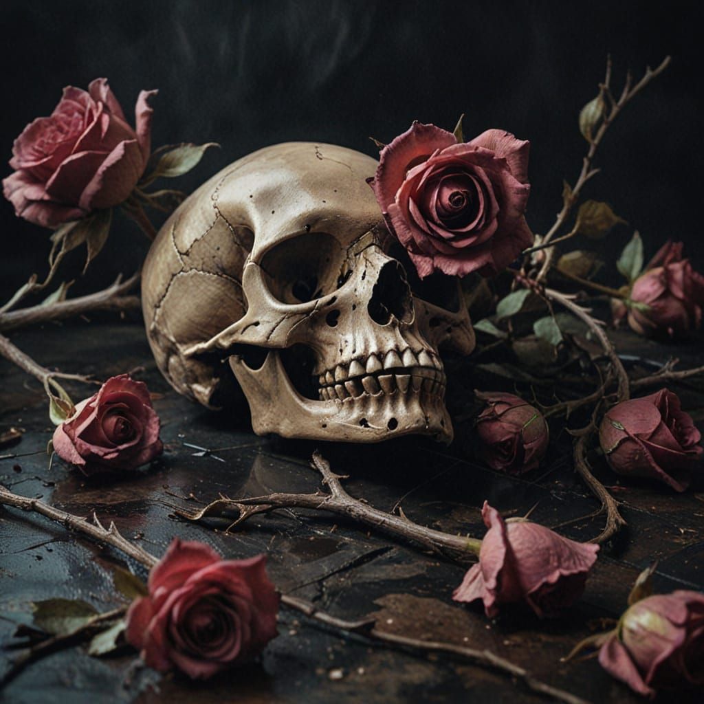 Melancholic Skull on Withered Rose in Oil Painting Style