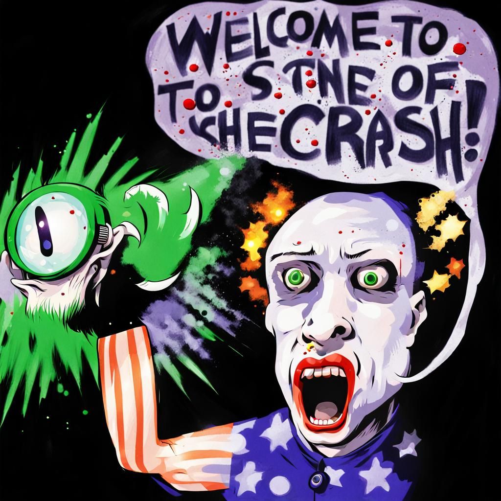 UFO Crash Comic Scene with Screaming Clown