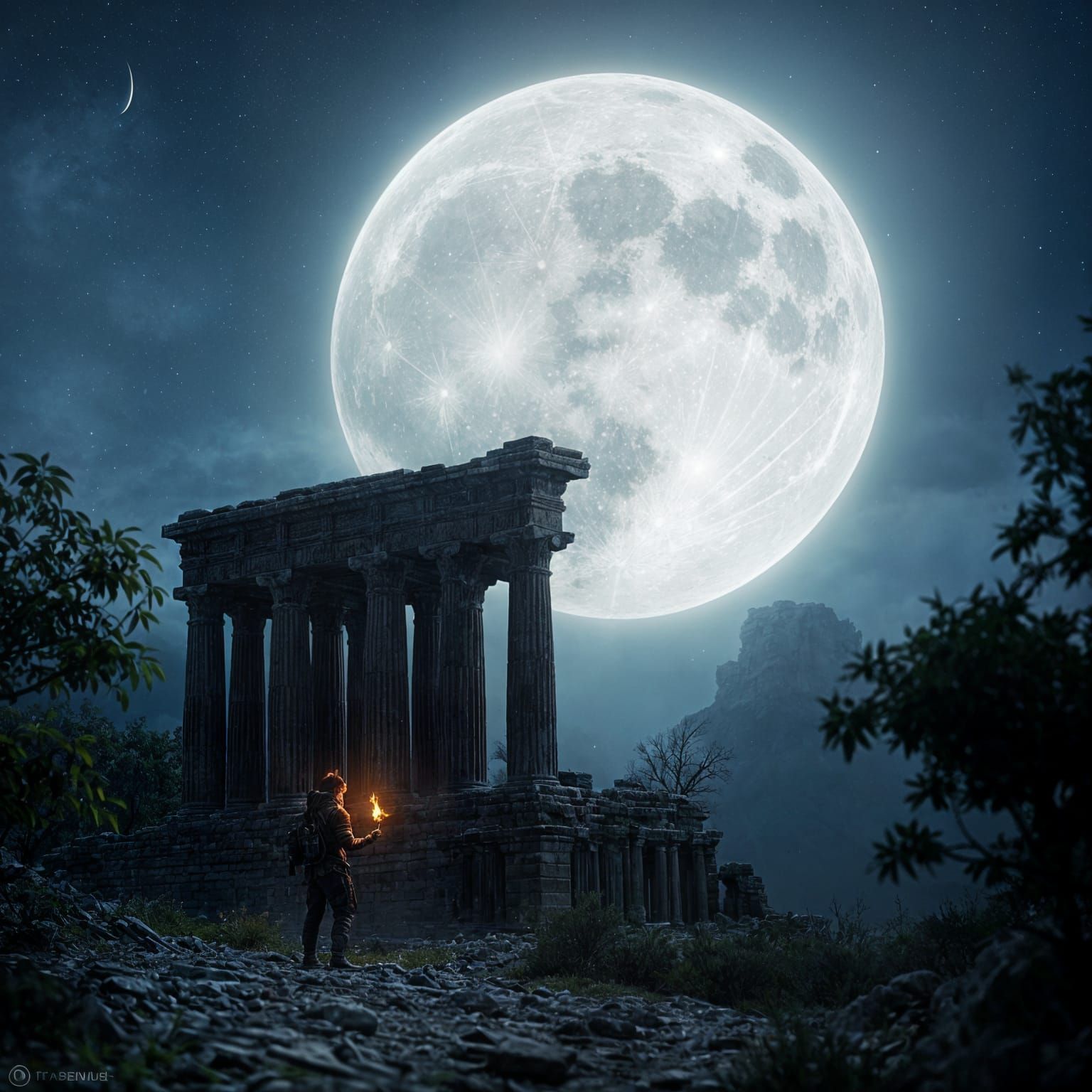 Traveler at Forgotten Temple Under Colossal Moon