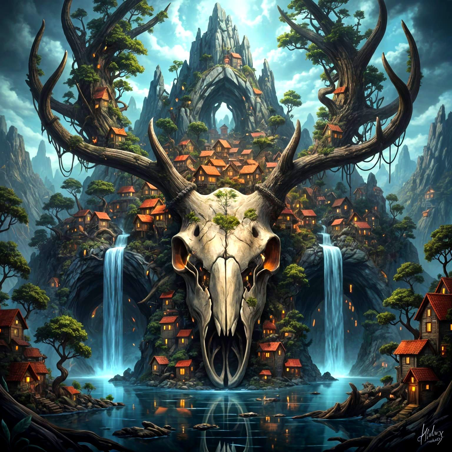 Giant Fossilized Elk Skull Mountain Range Village