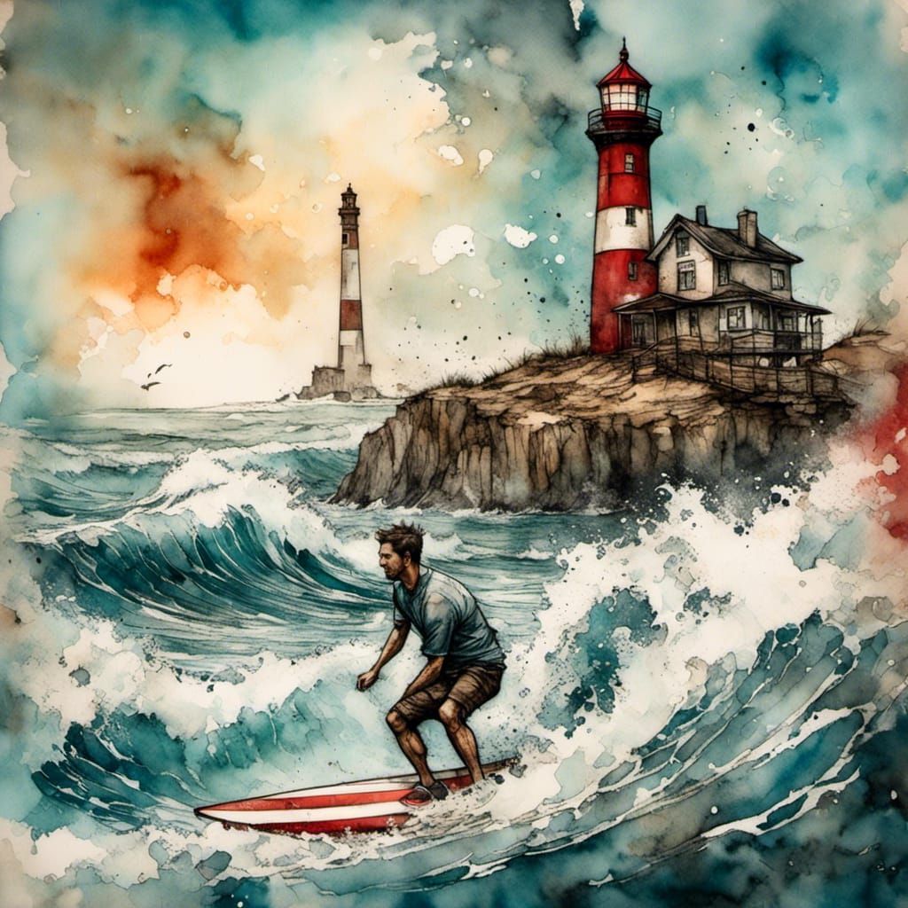 Surfer Rides Wave: Alcohol Ink Illustration