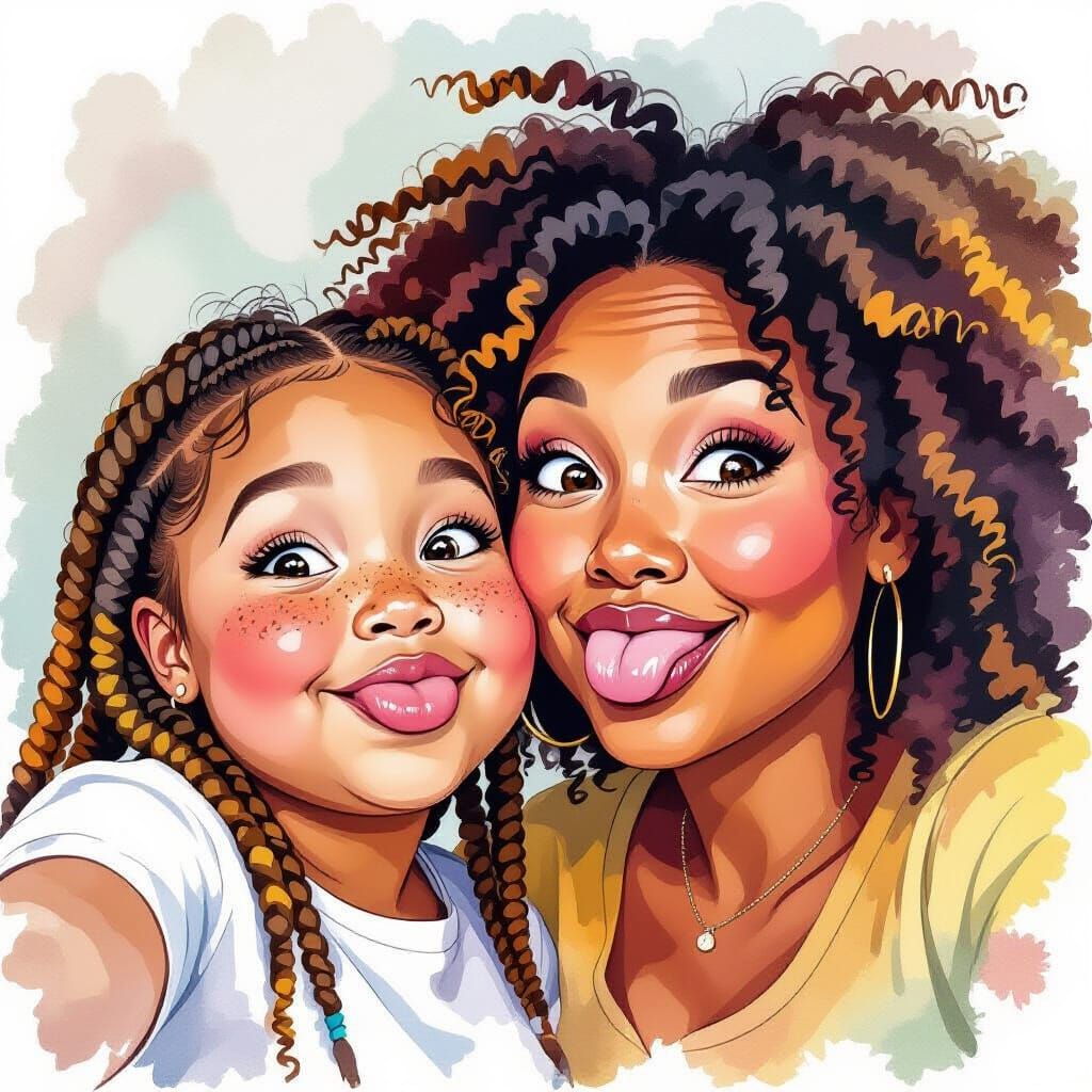 Silly Selfie with Mother in Watercolor Style