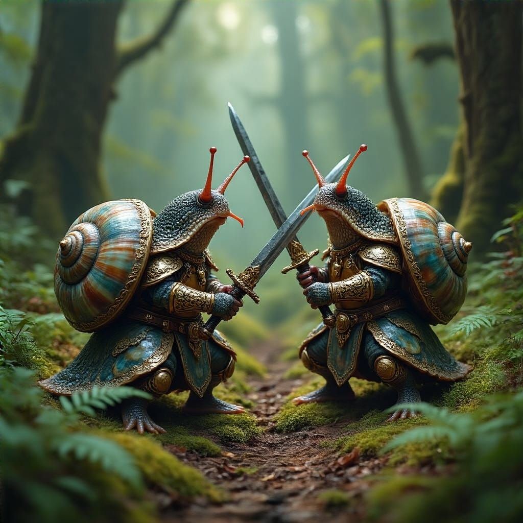 Snail Warriors Stand Ready for Battle in a Lush, Moss-Covere...