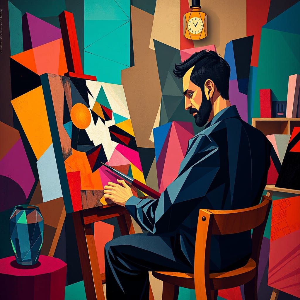 Cubist Painter in Vibrant Neo-Cubist Studio