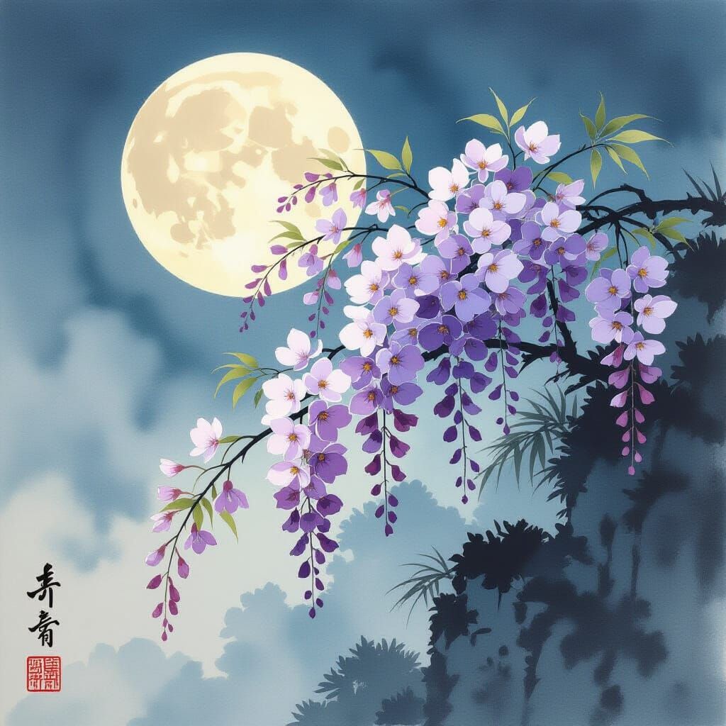 Wisteria Flowers in Moonlight: Japanese Woodblock Print