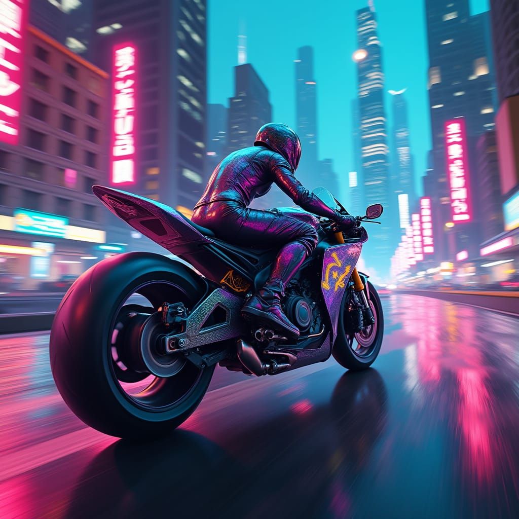 Futuristic Motorbike in Neon Cyberpunk Cityscape