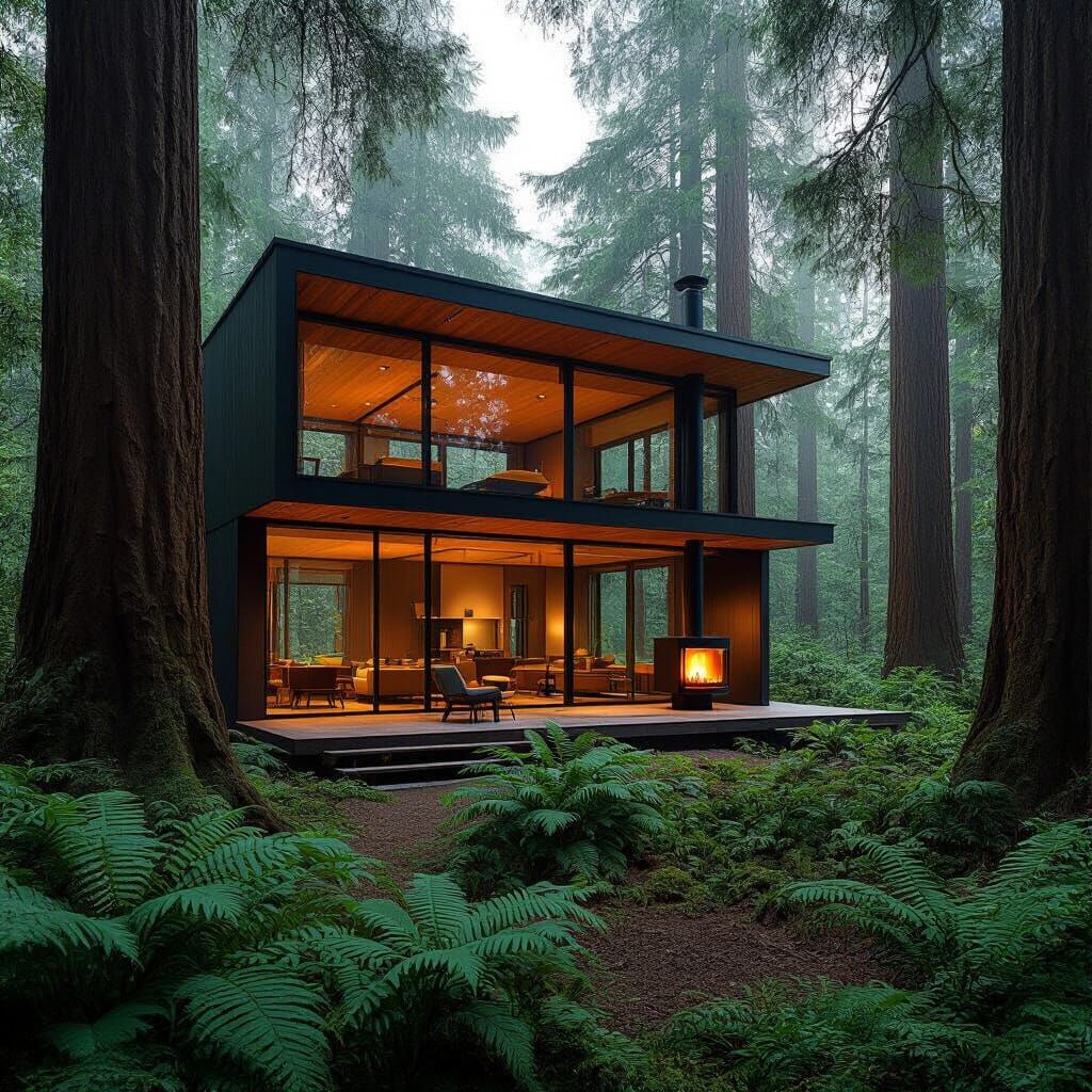 Minimalist Cabin in Redwood Forest, Architectural Photograph...