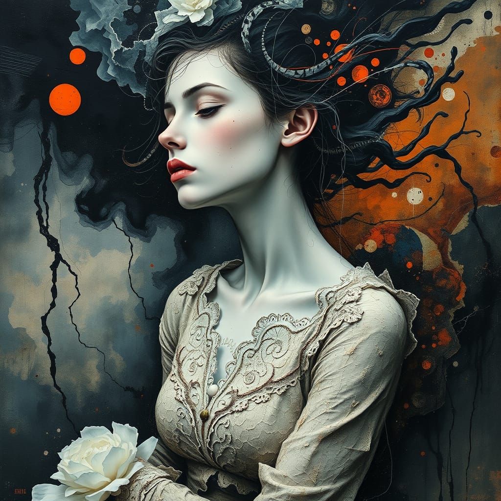 Ethereal Woman in Turbulent Emotion Storm