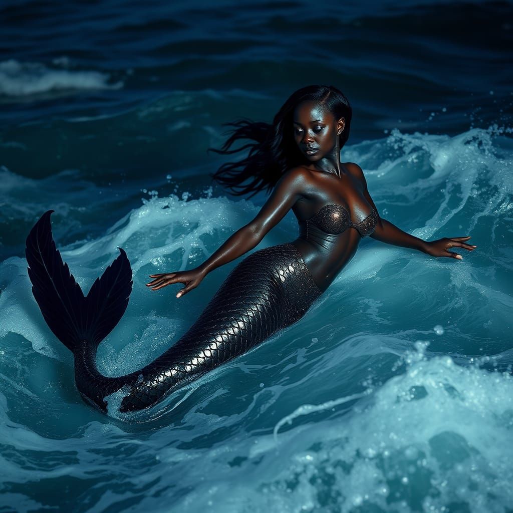 Hyperrealistic African Mermaid Portrait in Night Ocean