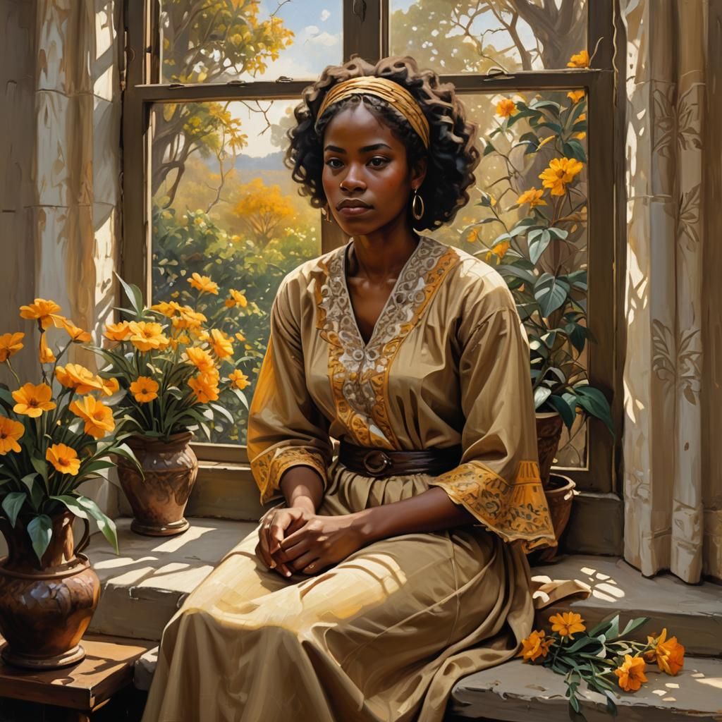 Girl by Window in Amber Light, Oil Painting