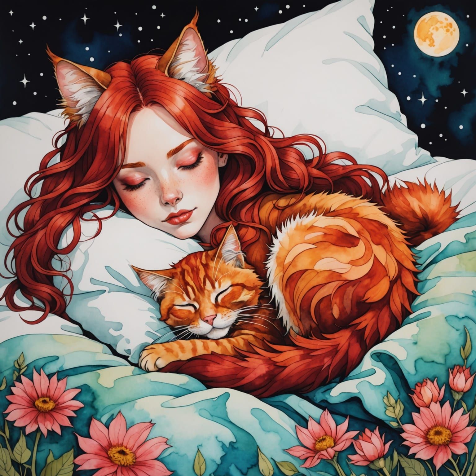 Red-Haired Cat Woman Sleeping in Alcohol Ink Style
