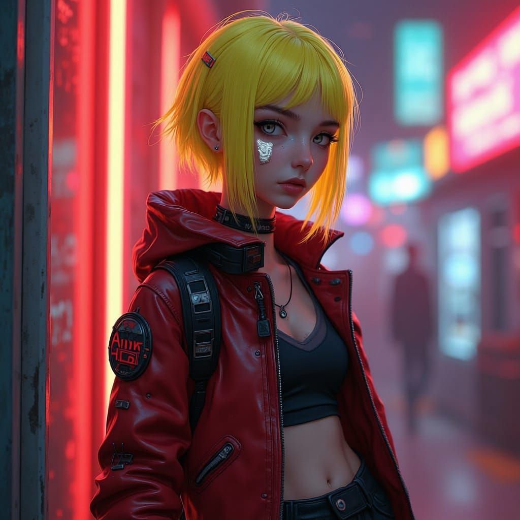 Cyberpunk Teen Fixer with Neon Hair and Metallic Skin