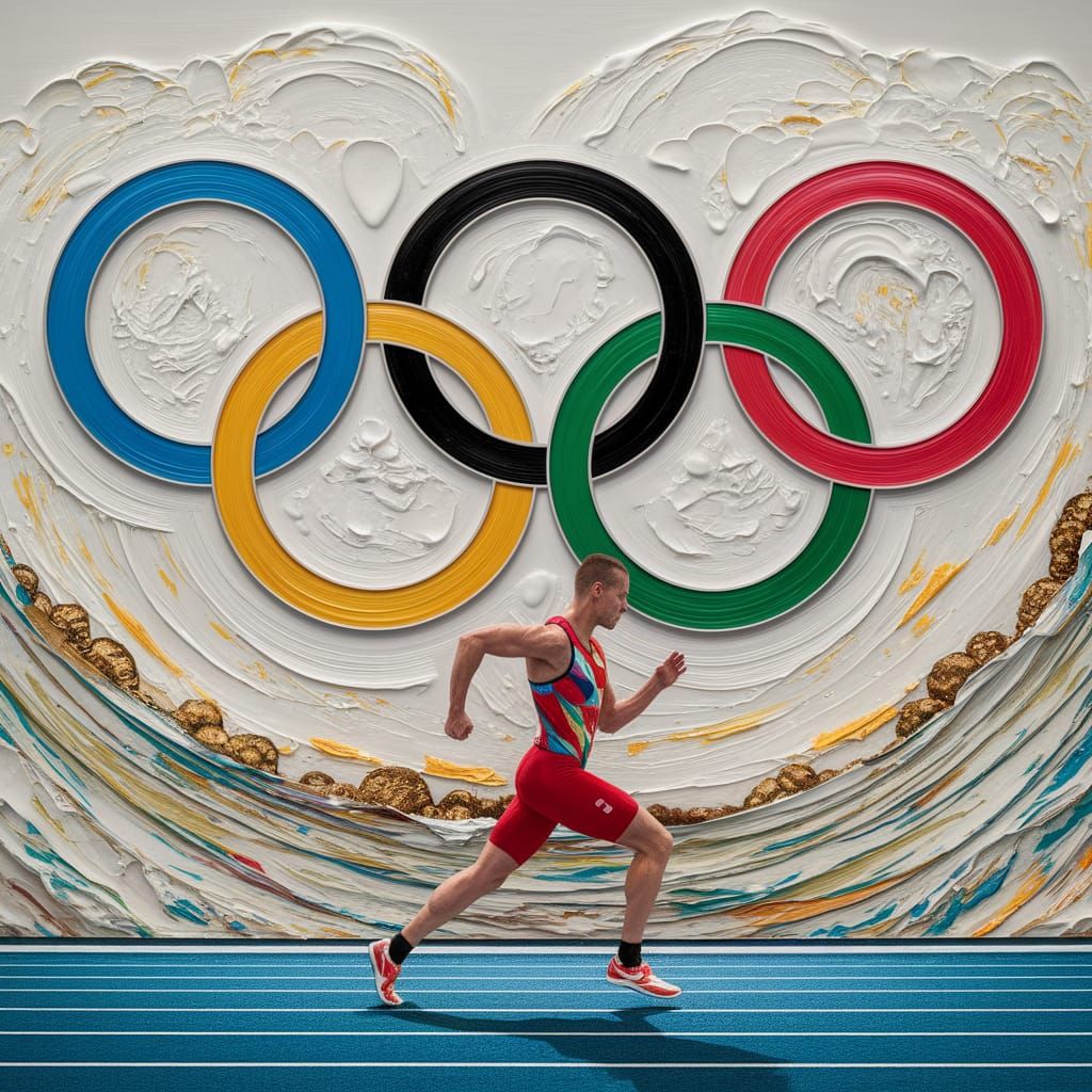 Athlete in Vivid Colors Amidst Abstract Olympic Park