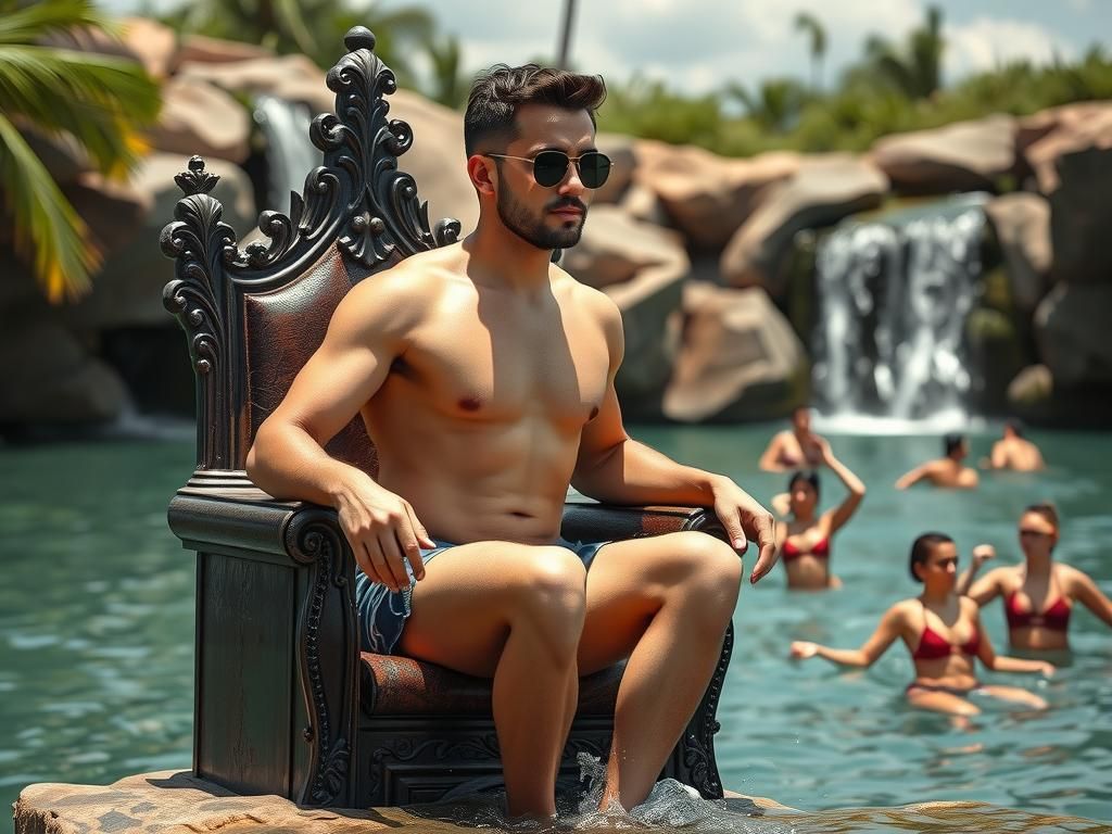 Man in Bikini on Throne by Watering Hole