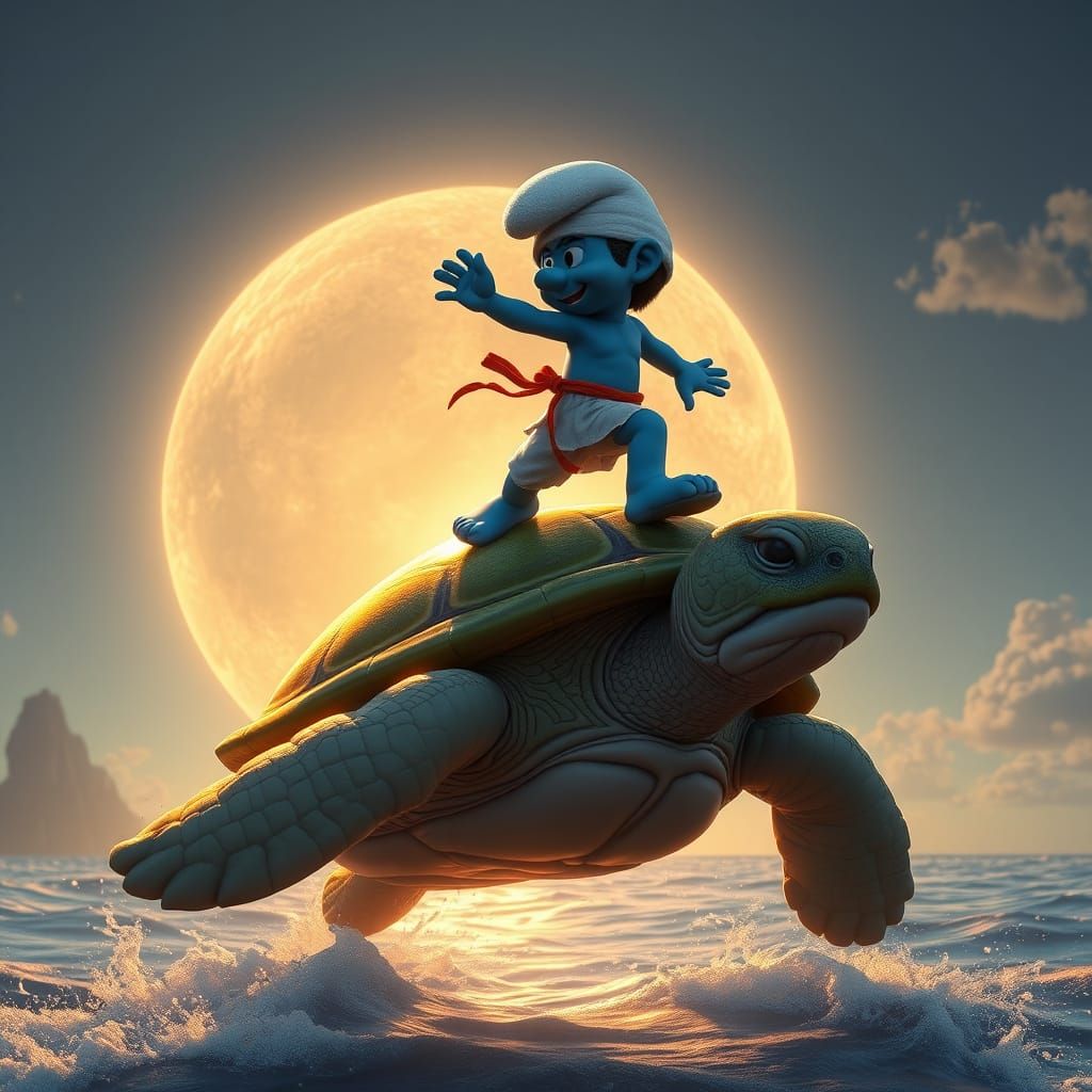 Smurf Karate Master Riding World Turtle: Digital Art
