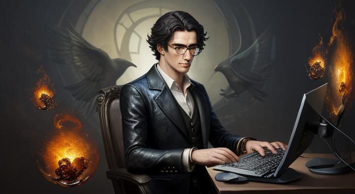 Young Prometheus at Computer: Surreal 3D Watercolor