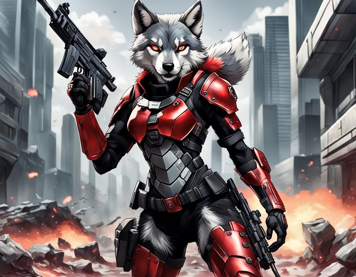 Anime Armored Wolf Girl in Futuristic Battlefield