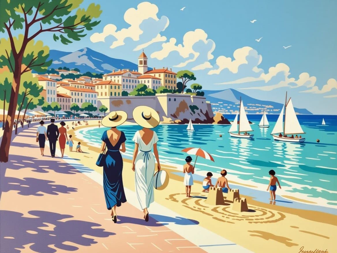 Impressionist Seaside Scene of Riviera Summer