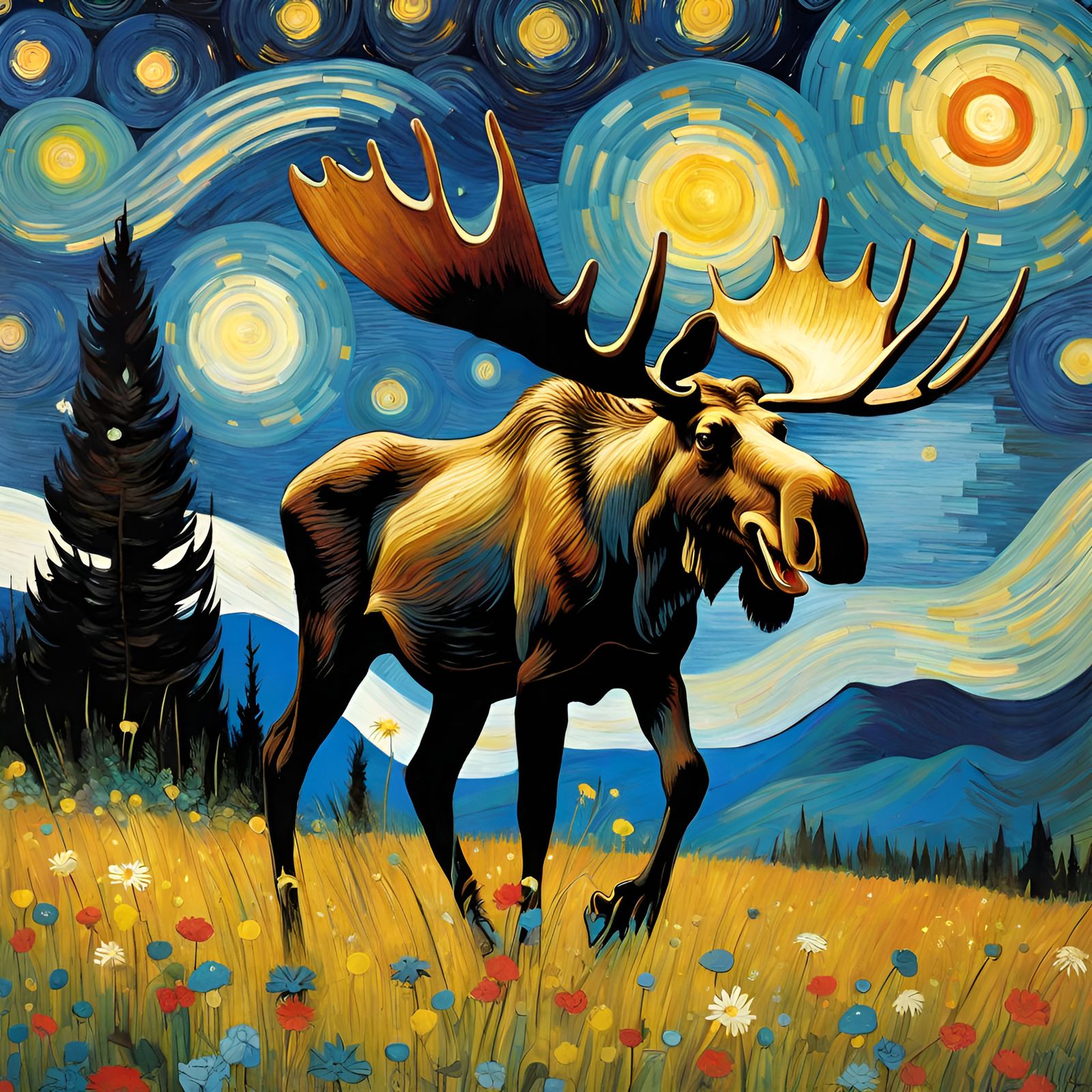 Moose in Starry Night Meadow: Van Gogh Style