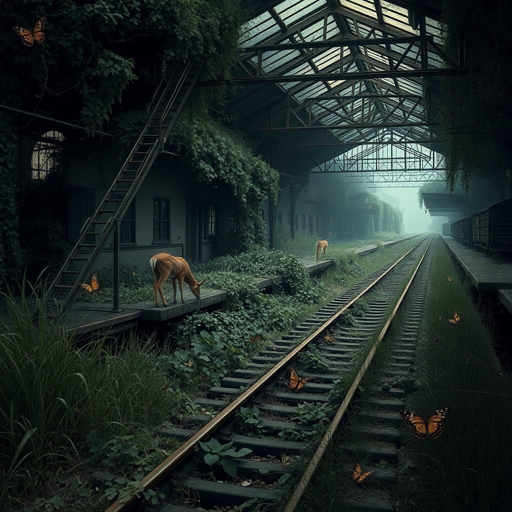 Eerie Abandoned Railway Station with Grazing Deer