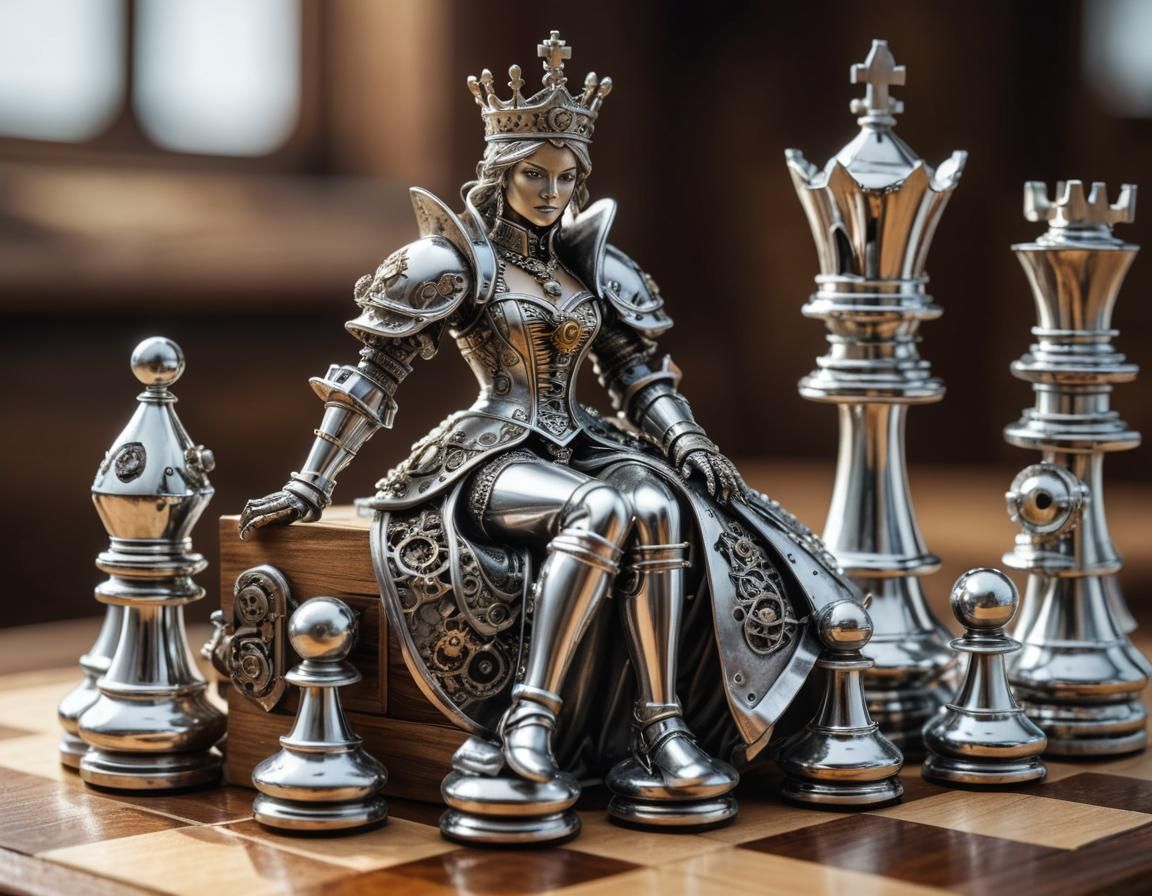 Steampunk Chess Queen on Wooden Board