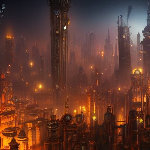 Steampunk City Skyline at Night