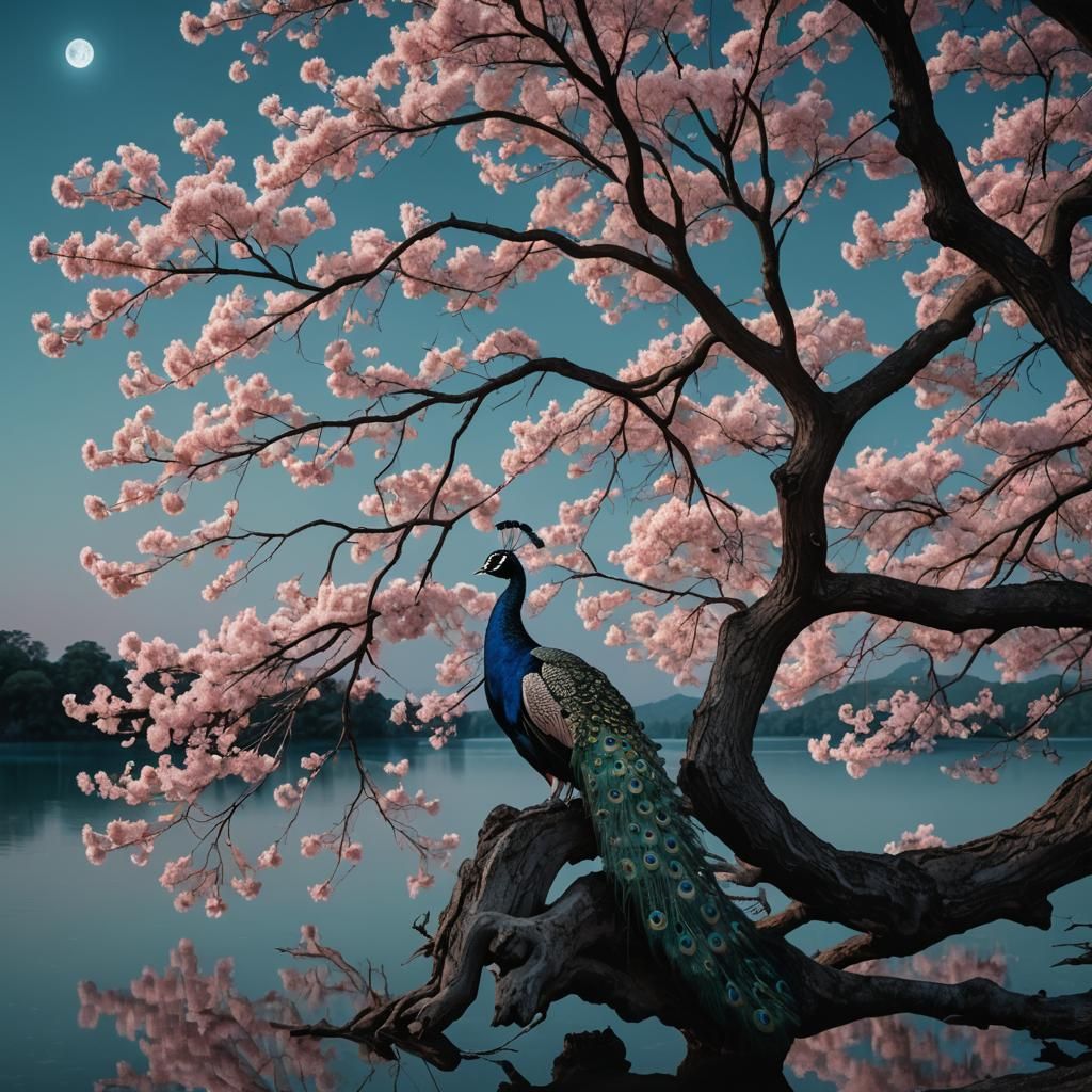 Peacock in Pink Tree by Light Blue Lake