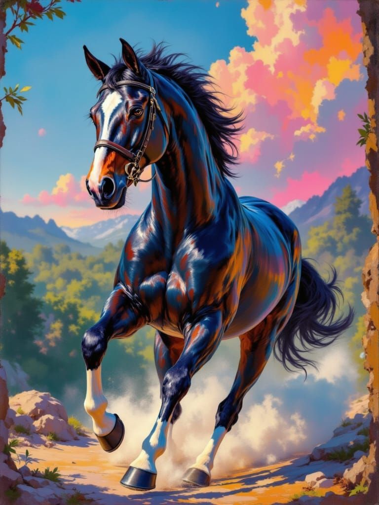 Dark Stallion Galloping Under Purple Sunset