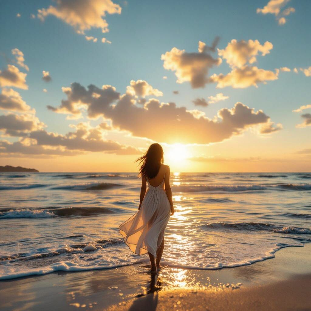 Woman Gazing at Sky on Beach in Golden Light