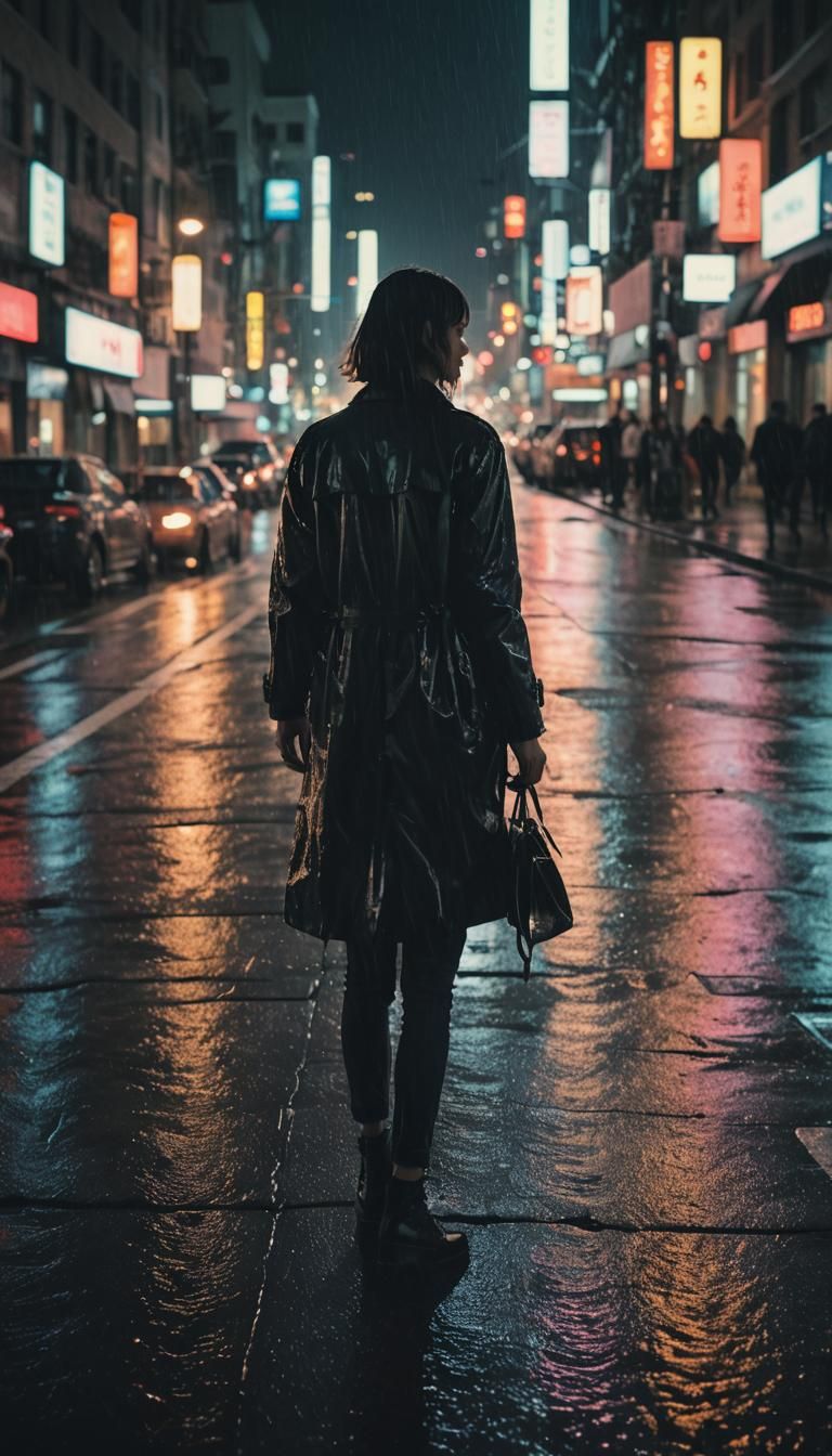 Rainy City Street at Night: Cinematic Film Still