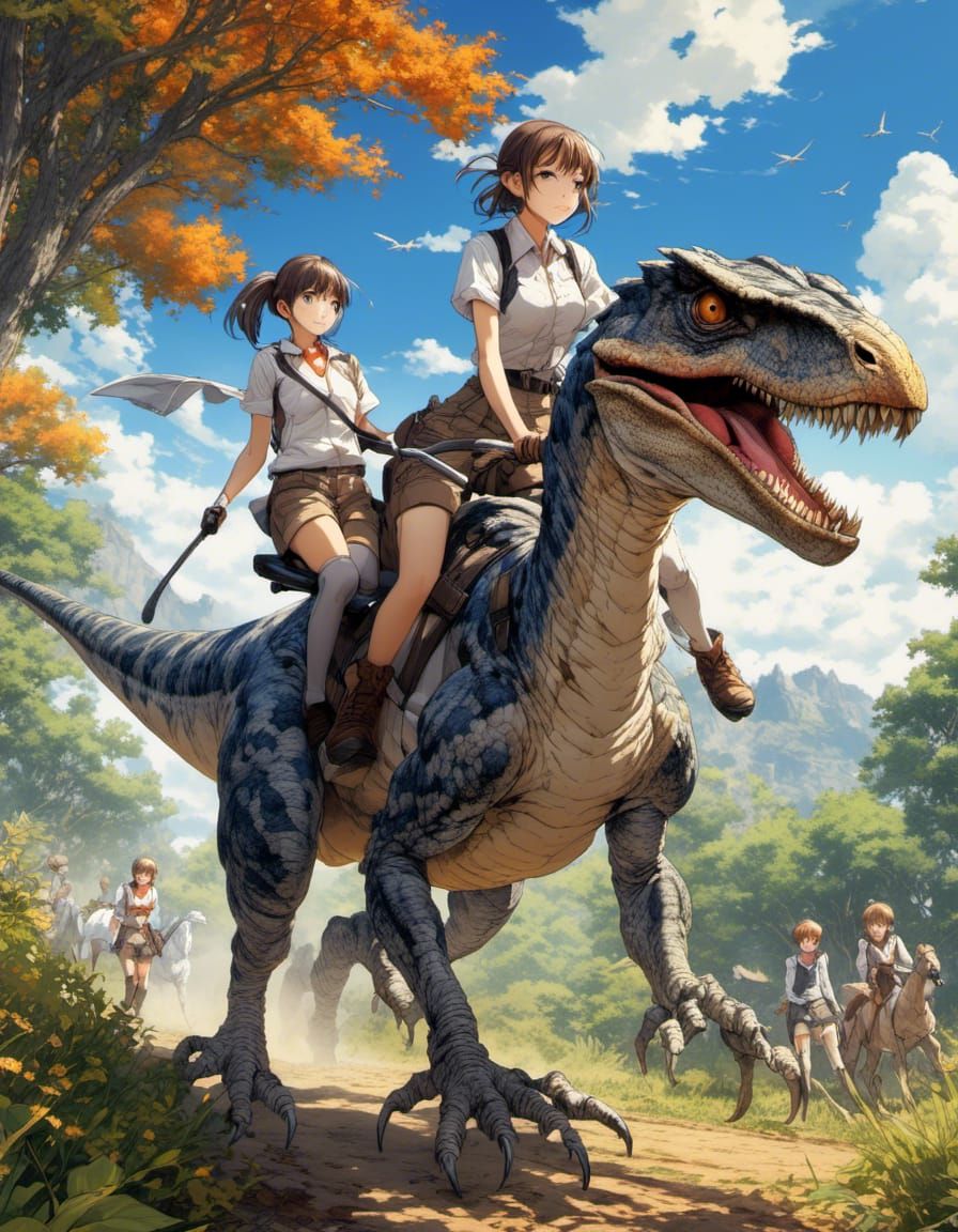 Girl Rides Velociraptor in Anime Art, 4K HD