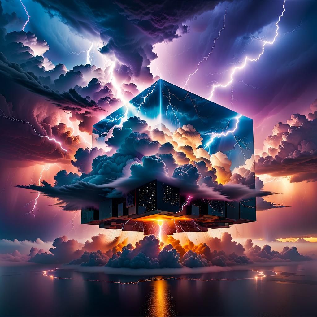 Floating Square Amidst Lightning and Sunset Clouds